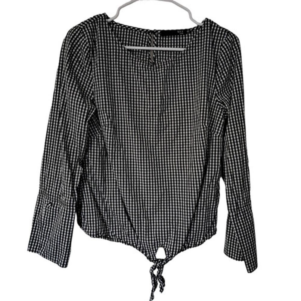 Max Jeans Long Sleeve Crew Neck Tie Front Top Black Plaid Sz S 100% Cotton